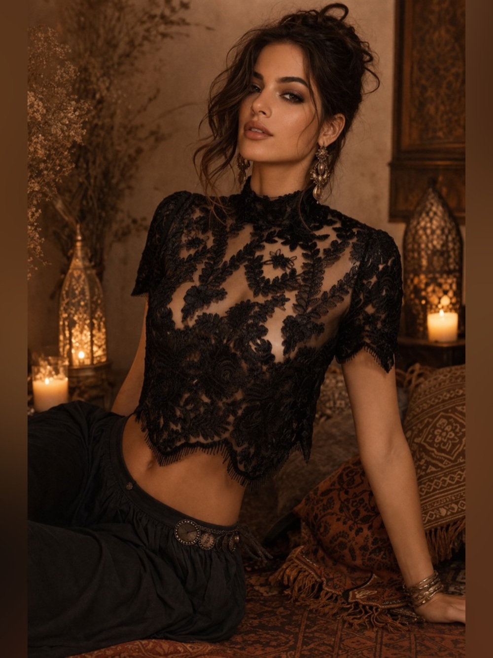 Stone Cold Fox Black Embroidered Lace Crop Top M Mock Neck Sheer Luxe NWOT